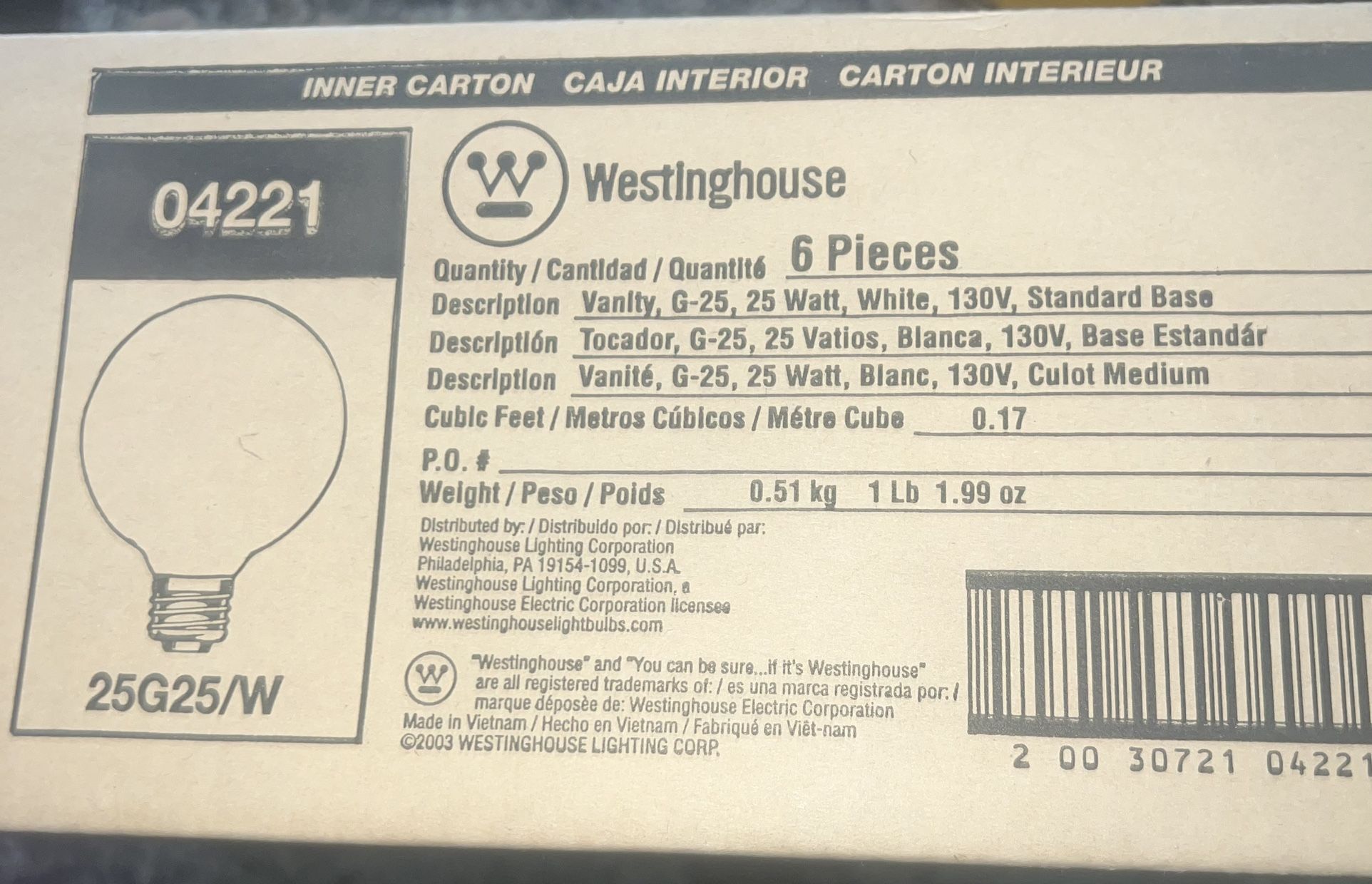 6 Pieces Westinghouse 25G25/W/130 25W G25 White 130V Bulbs - photo 3