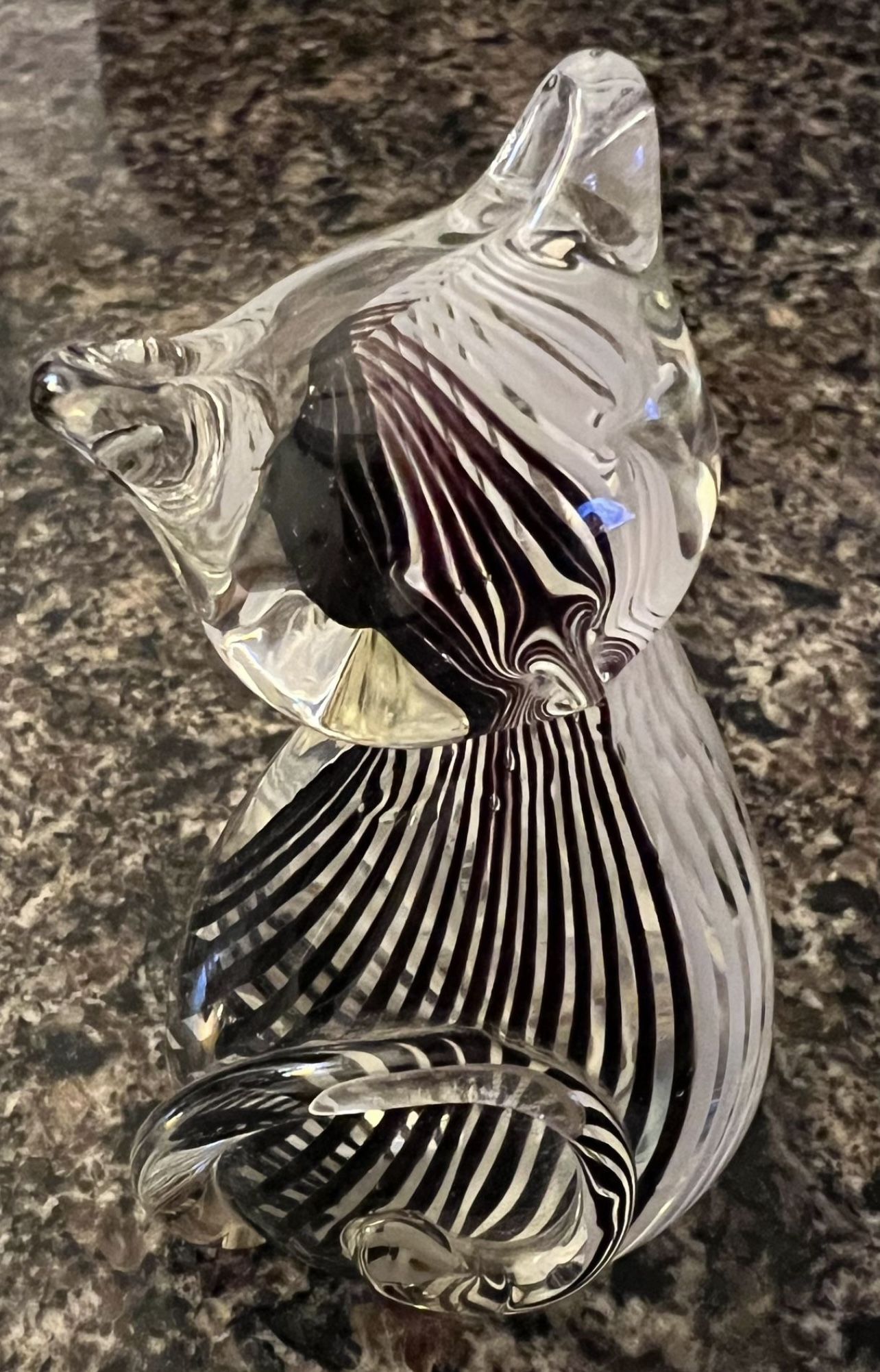 Murano Style Art Glass Cat Figurine Black White Striped Handblow