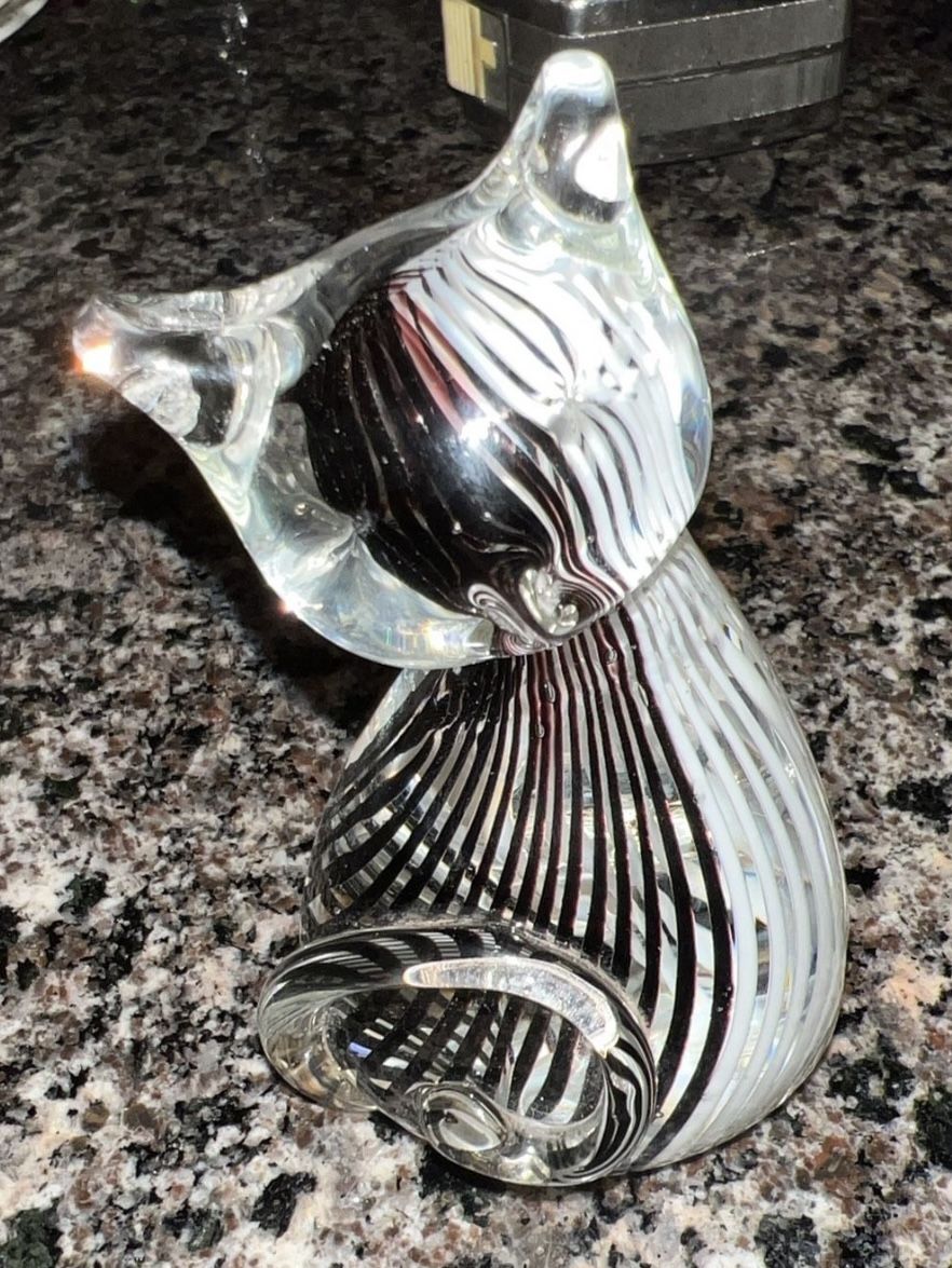 Murano Style Art Glass Cat Figurine Black White Striped Handblow - photo 5