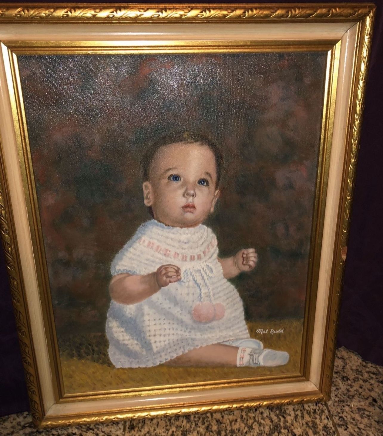 Cute Baby Oil On Canvas Framed Portrait