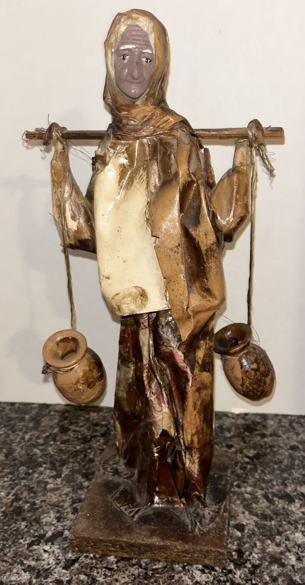 Vintage Mexican Folk Art Older Lady Carrying Water Jugs
