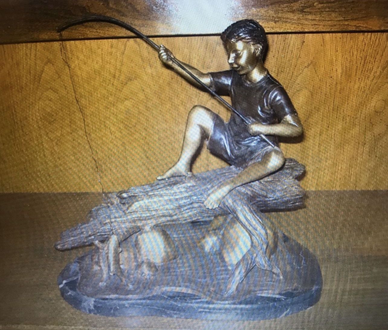 Boy Fishing Off Tree Bronze, Signed, Heavy