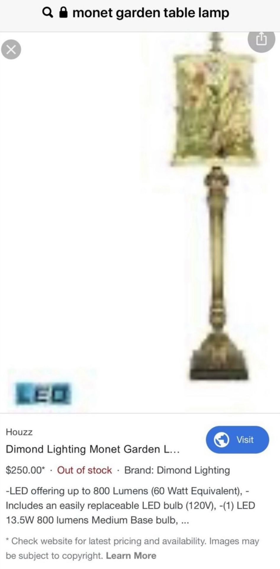 Monet Garden Flowers Table Lamp - Retails $250