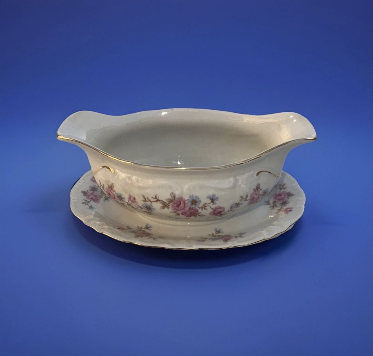 Royal Heidelberg Winterling Floral Gravy Boat w/Underplate & Gol