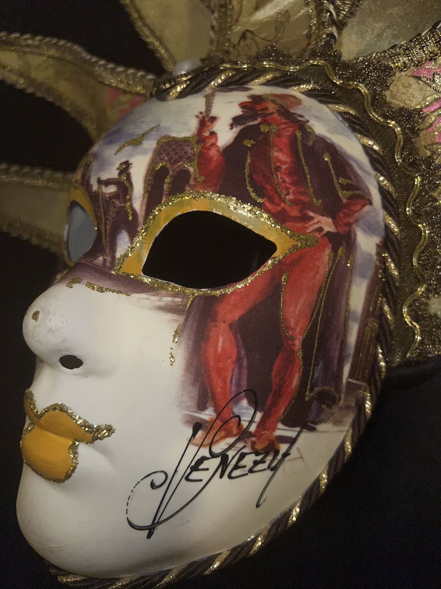 Vintage Venetian Carnival Jester Mask Handmade Signed Wall Decor - photo 2