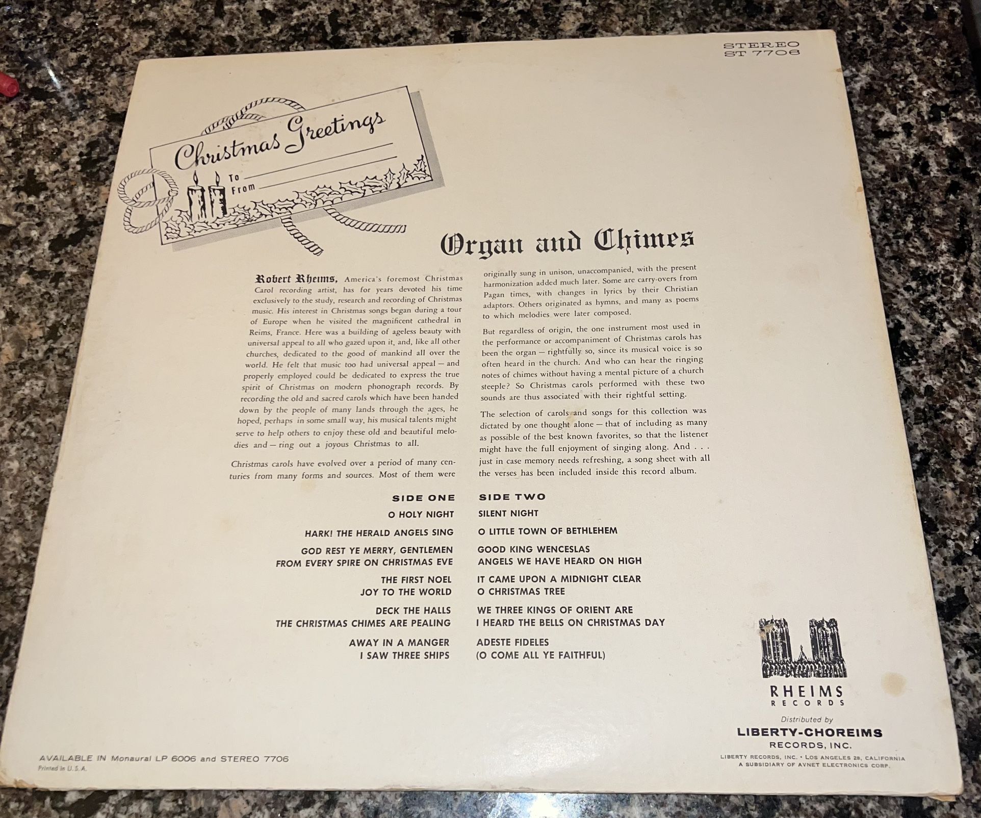 "MERRY CHRISTMAS in CAROLS" Organ Chimes - Robert Rheims 1962 RE - photo 2
