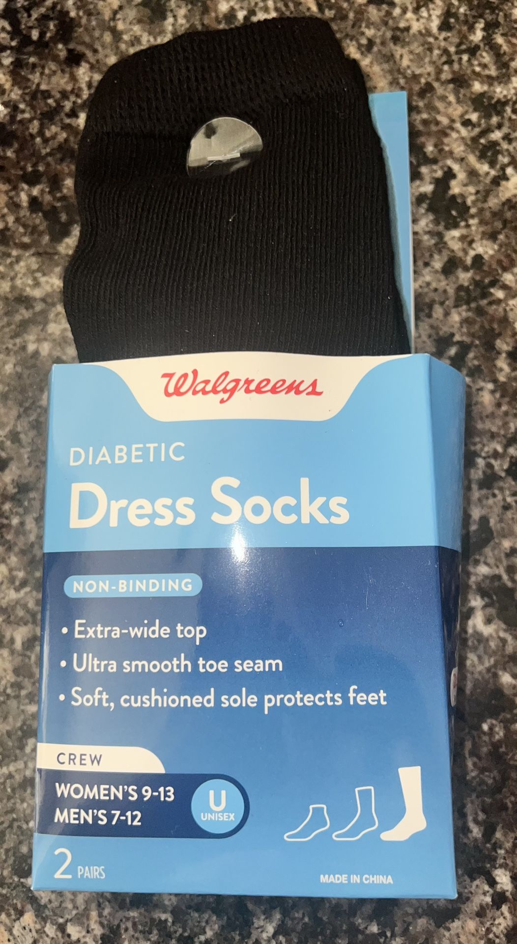 Walgreens Diabetic Dress Socks Unisex Crew (2 Pairs) M 7-12/W 9-