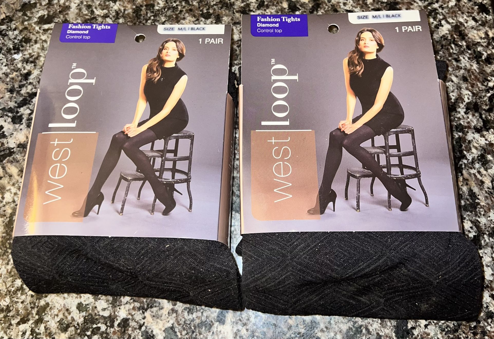 2 Pairs West Loop Black Diamond Control Top Tights M/L NEW