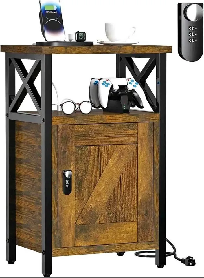 24 inches Rustic Bedside Table with Charging Ports & Lock thumbnail