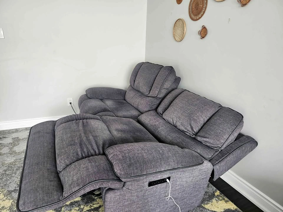 Plush grey power recline sofa with USB port