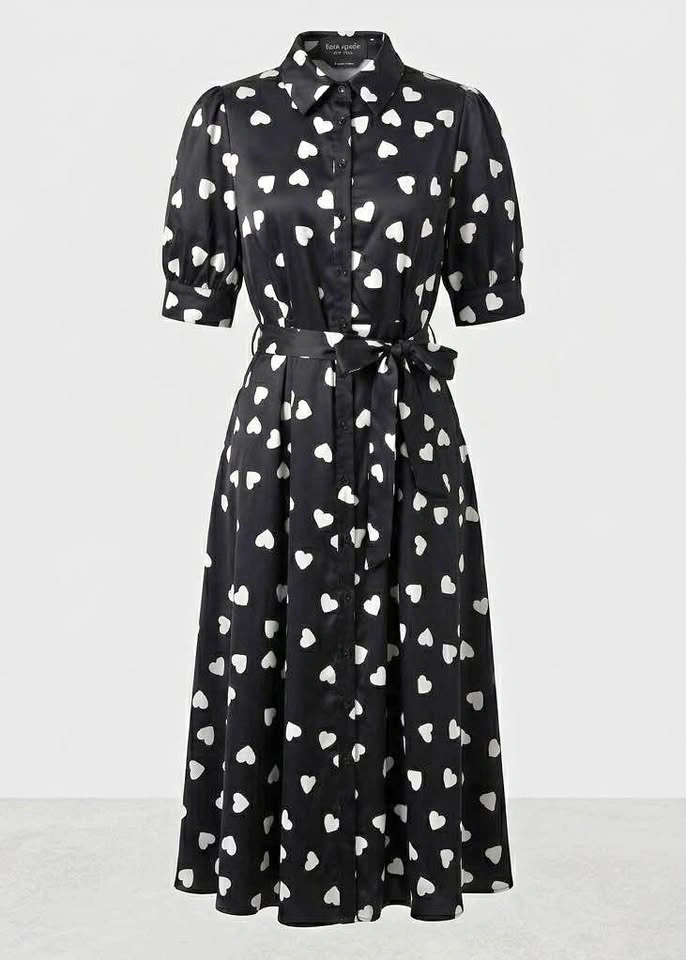 NWOT Kate Spade Black Heart Print Puff Sleeve Midi Shirtdress -