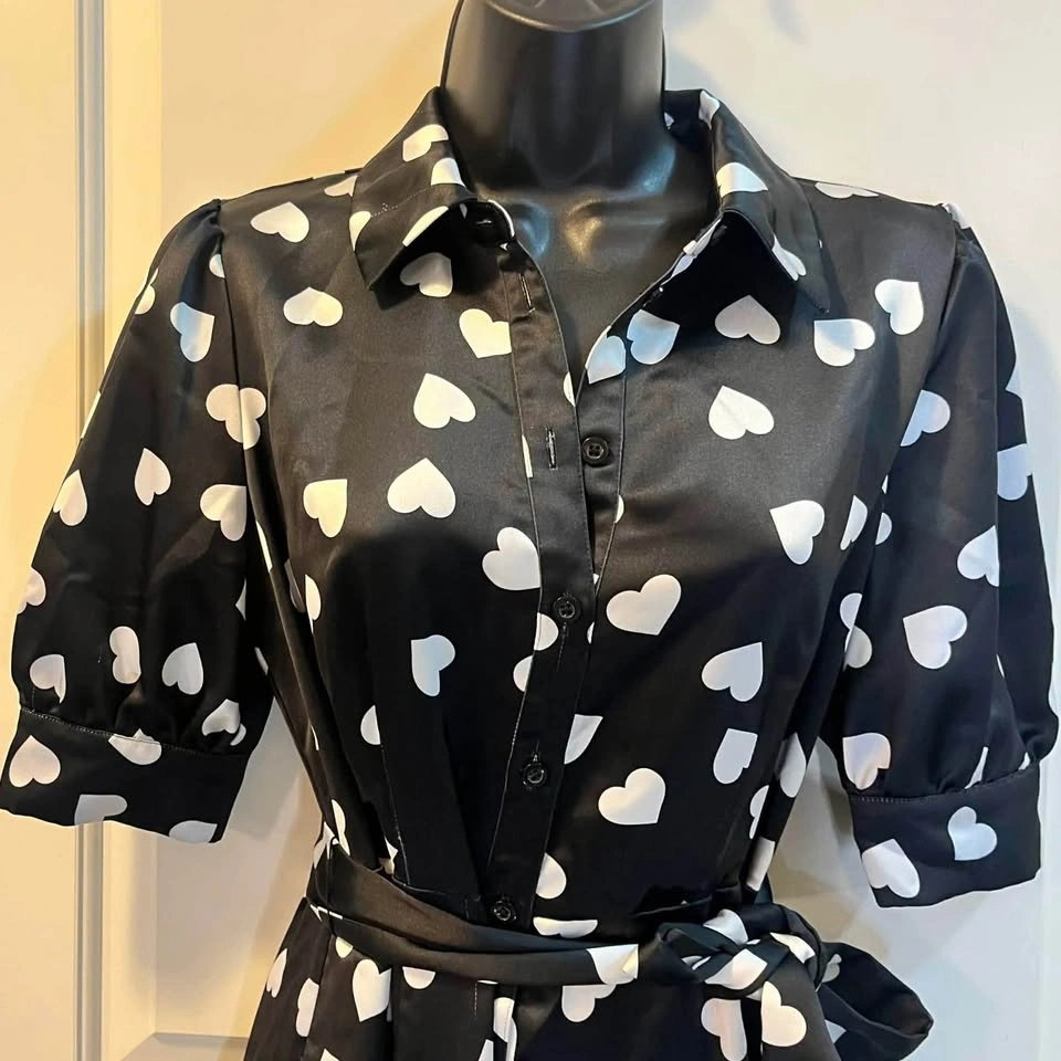 NWOT Kate Spade Black Heart Print Puff Sleeve Midi Shirtdress - - photo 4