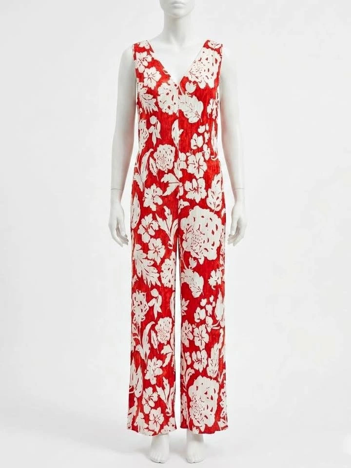 Mango Red & White Floral Wide Leg Jumpsuit XL Textured V-Neck