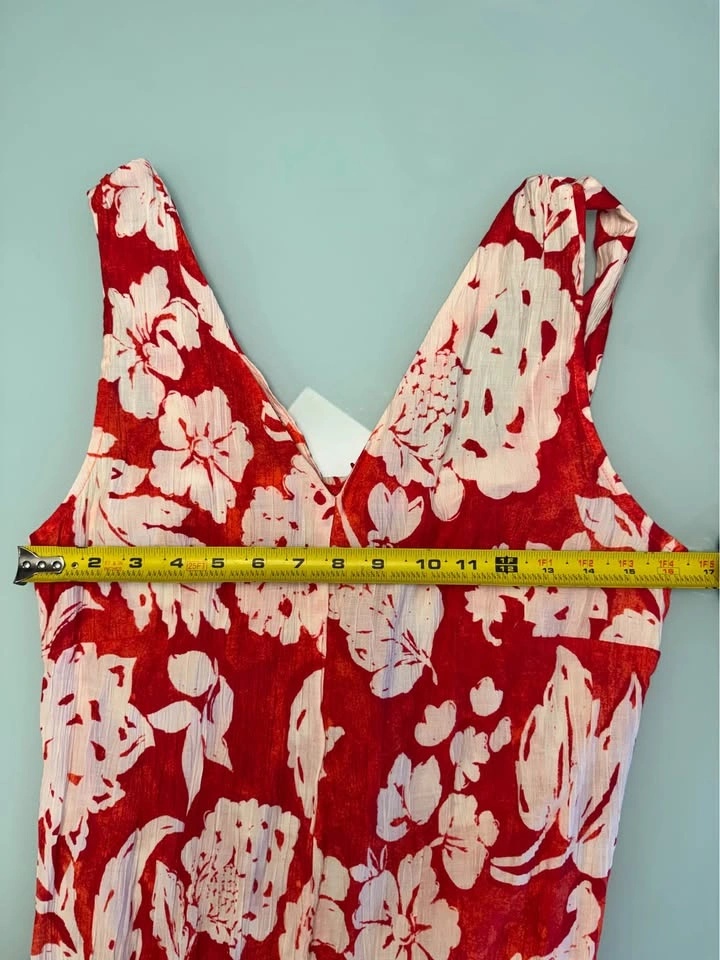 Mango Red & White Floral Wide Leg Jumpsuit XL Textured V-Neck - photo 4