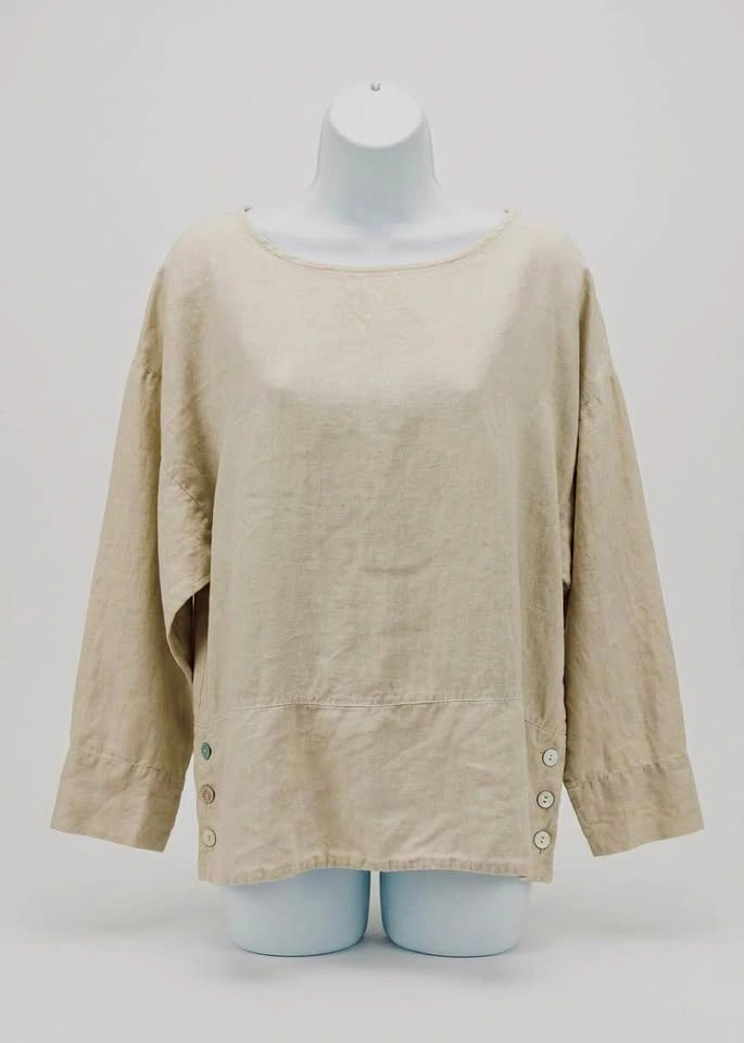 Bryn Walker Linen Boxy Blouse Button Lagenlook Top Beige Small