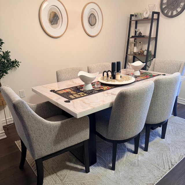 Real Marble Dining Table with 6 Ashley Burkhaus Chairs