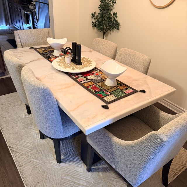 Real Marble Dining Table with 6 Ashley Burkhaus Chairs - photo 3