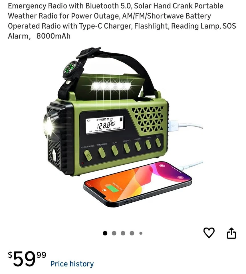 (New)8000mAh Emergency Radio w/ Bluetooth 5.0, Solar/Hand Crank