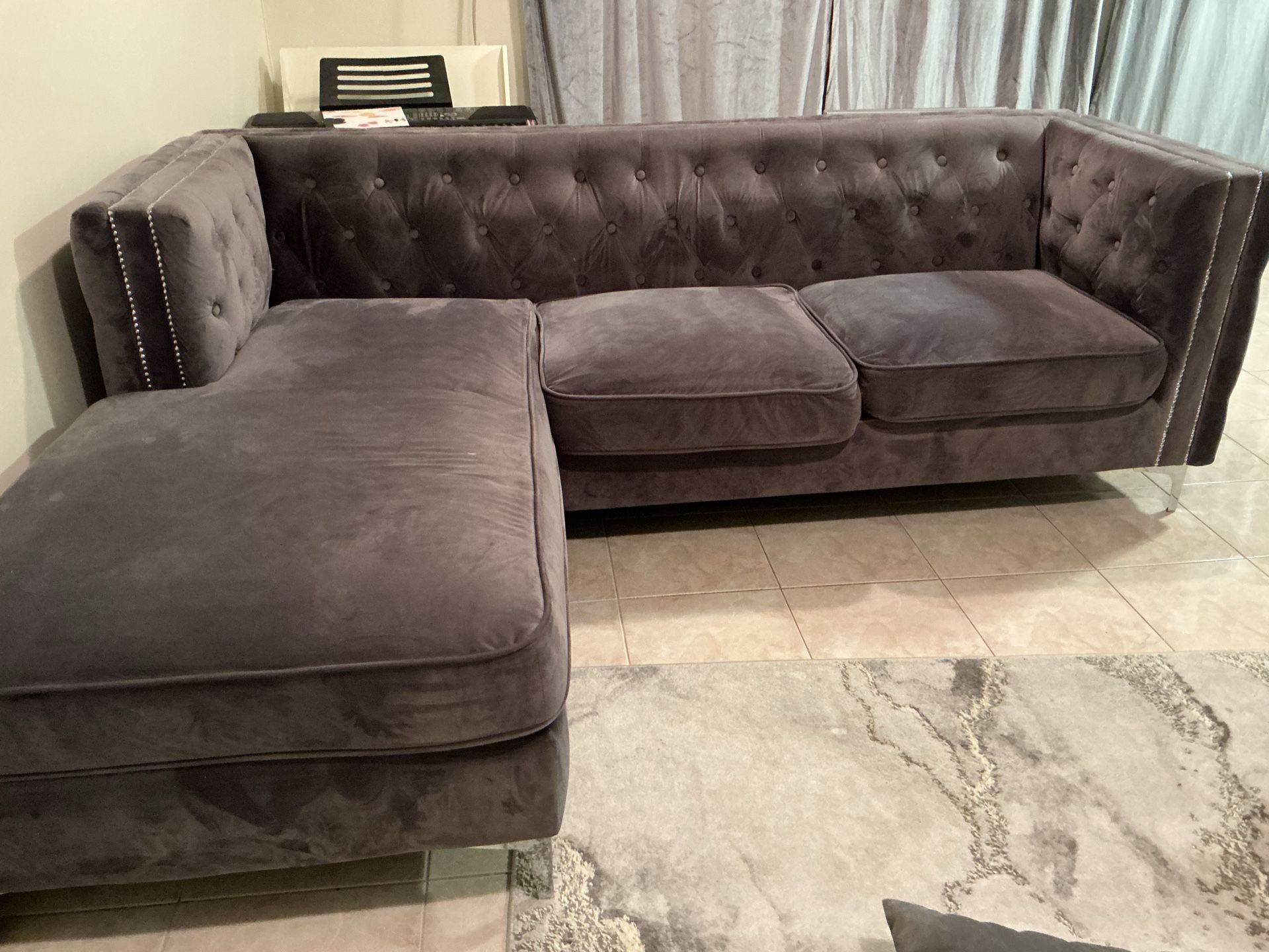 Dark Grey Velvet L-Shape Sectional Sofa