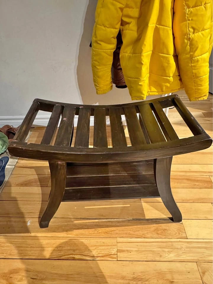 Dark Brown Wooden Slatted Bench Stool