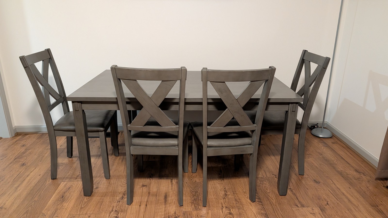 Gray Wood Dining Table Set with 4 Chairs, Bench, Seats 5