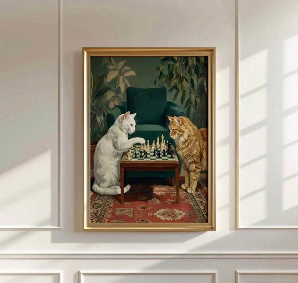 Poster cat playing chess