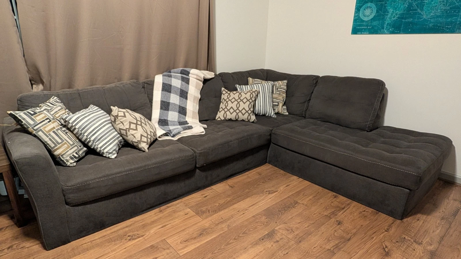 Dark Gray Sectional Sofa, 5-Seater, Classic Round Arms