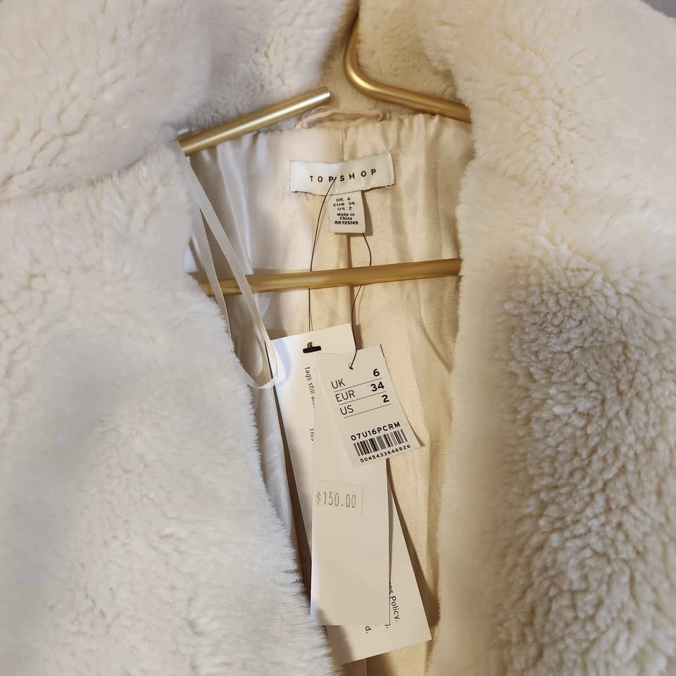 NWT Topshop Cream Borg Teddy Coat Double Breasted Faux Shearling - photo 2