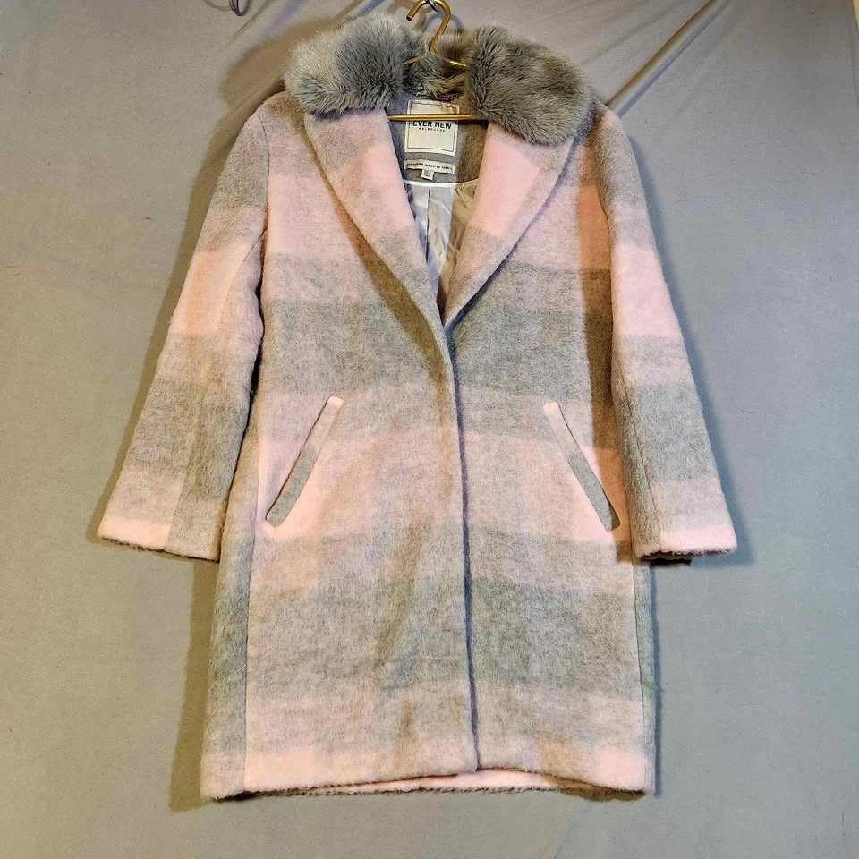 Ever New Melbourne Pink Grey Plaid Mohair Wool Coat Faux Fur Col