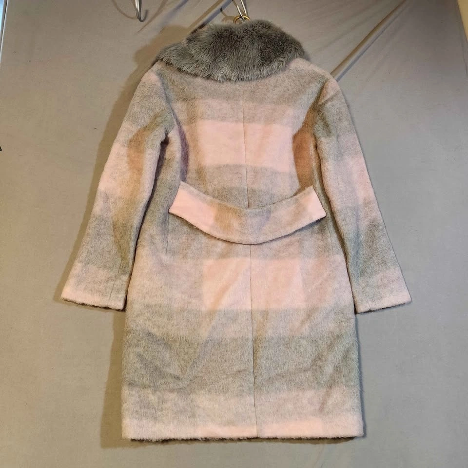 Ever New Melbourne Pink Grey Plaid Mohair Wool Coat Faux Fur Col - photo 5
