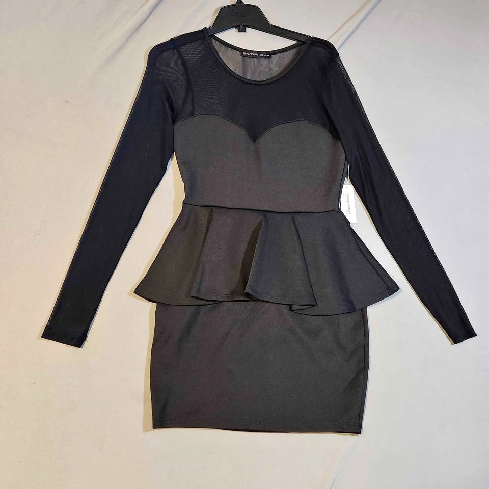 Mimi McQueen Symphony Black Mesh Peplum Dress Size M