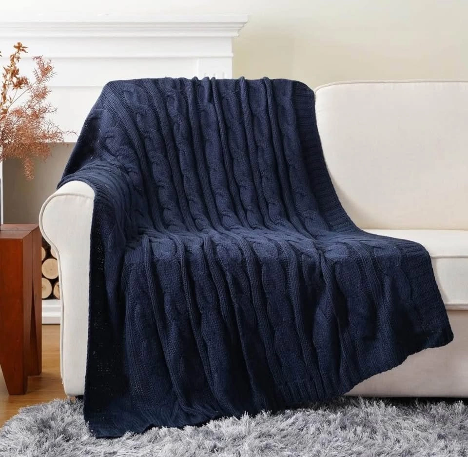 BATTILO Home Cable Knit Throw Blanket (Navy) 50" x 60" - photo 2