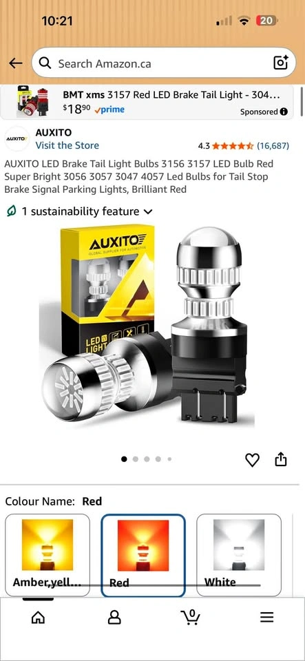 AUXITO 3157 LED Brake / Tail Light Bulbs (Red) - $15
