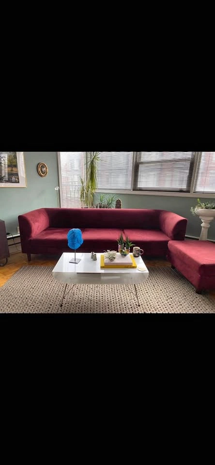 EQ3 Burgundy Sofa and Ottoman with Storage
