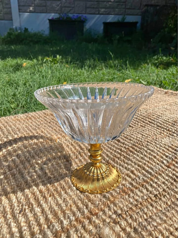 Crystal Pedestal Bowl, Brass Base, Vintage