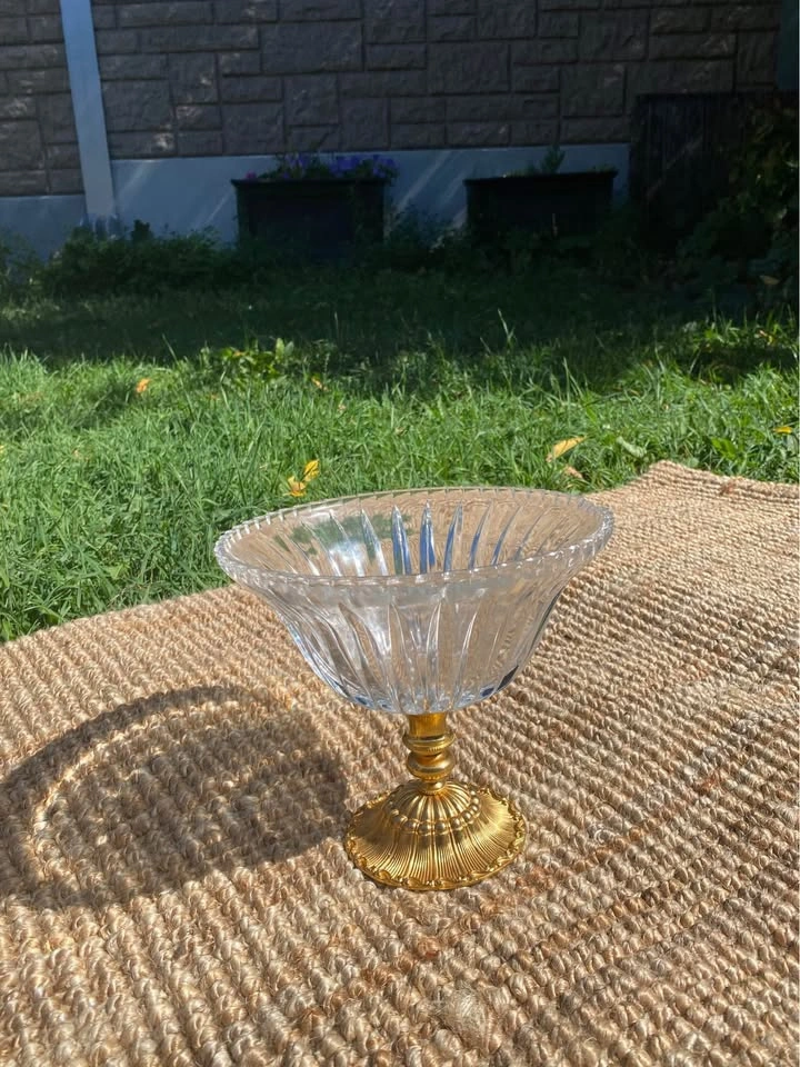 Crystal Pedestal Bowl, Brass Base, Vintage - photo 2