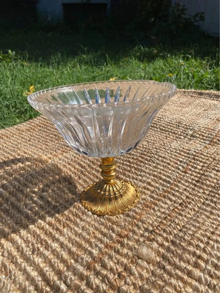 Crystal Pedestal Bowl, Brass Base, Vintage - photo 3