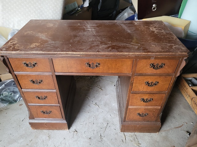 Double Pedestal Desk or Vanity - Solid Wood - Needs TLC