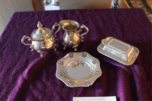 Reproduction Silver Plated Butter Dish, Creamer & Sugar Set