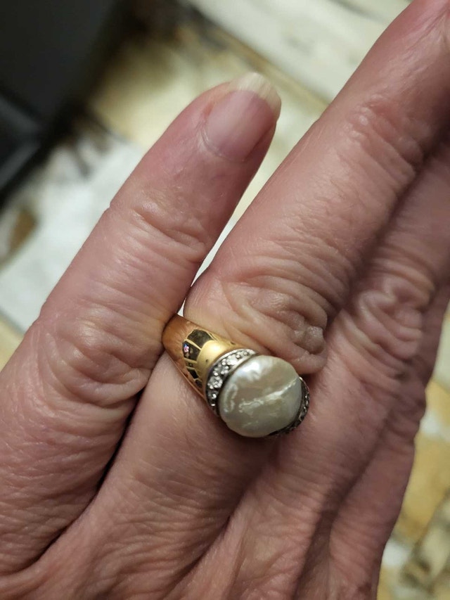 14k Coin Pearl and Diamond Right Hand Ring Art Deco - photo 4