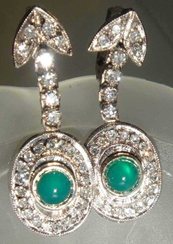 DECO RETRO 18K GOLD VS DIAMOND DANGLE CHRYSOPRASE EARRINGS - photo 4