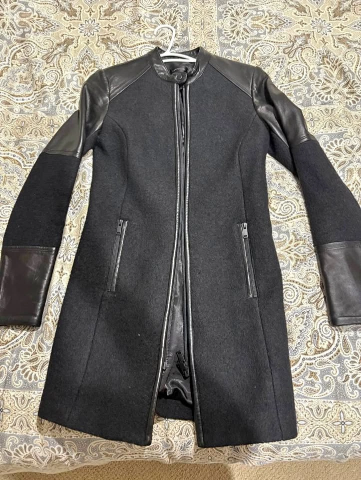 DANIER Black Wool Leather Coat Jacket 2XS UK 6-8