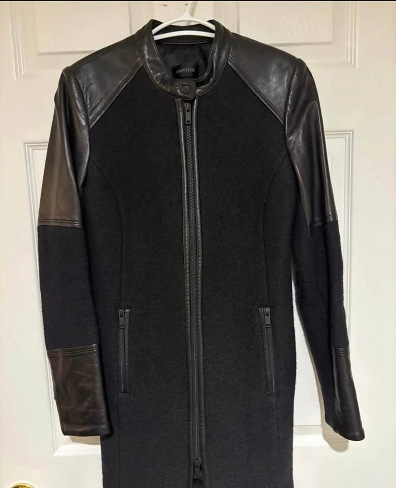 DANIER Black Wool Leather Coat Jacket 2XS UK 6-8 - photo 3