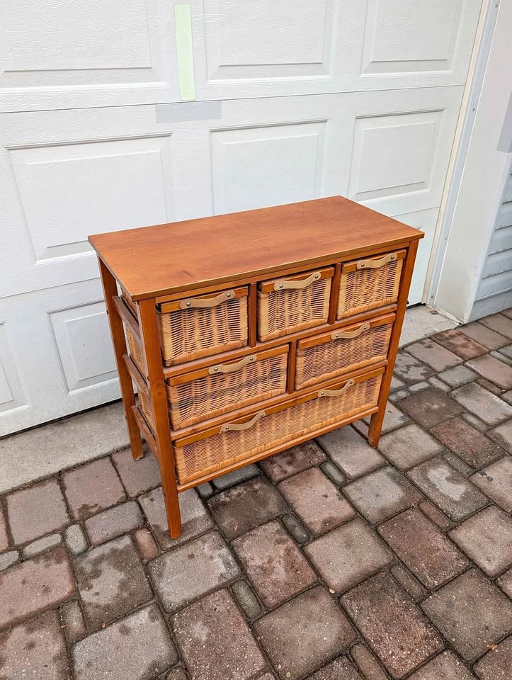 Wood & Wicker 3-Drawer Storage Chest/Dresser With Leather Pull