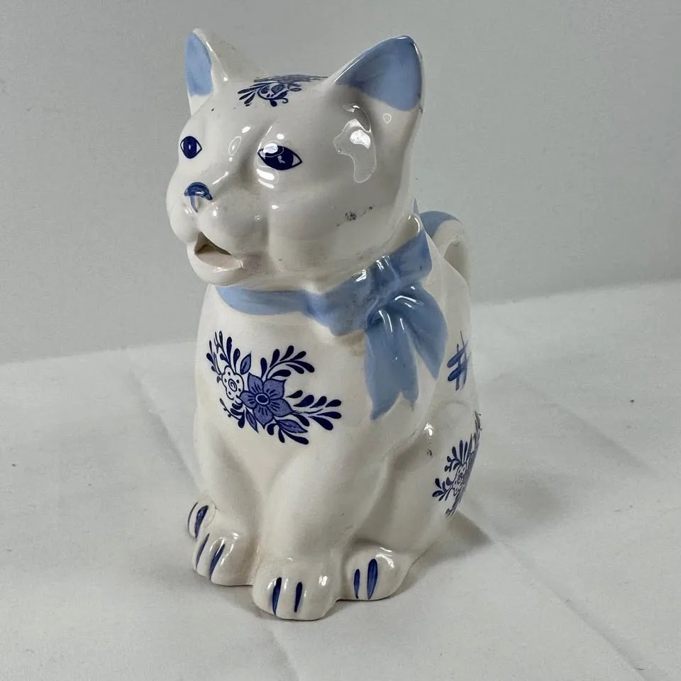Vintage Cat Kitten Creamer/Pitcher Blue White Porcelain thumbnail