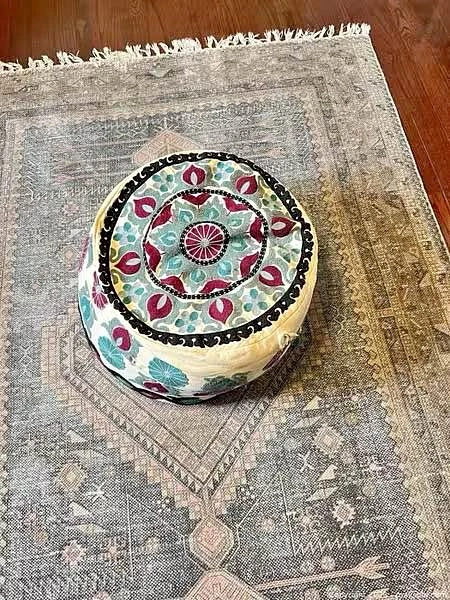 Bohemian Embroidered Cotton Floor Pouf Ottoman, Multicolor