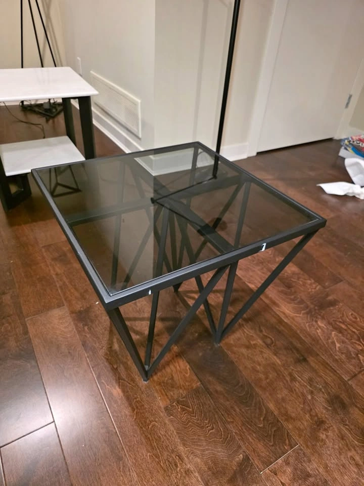 Modern Glass Top End Table - Geometric Metal Base