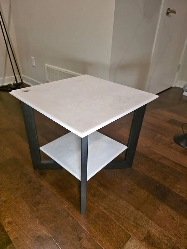 Modern 2-Tier Side Table - White Stone Top & Geometric Metal Fra