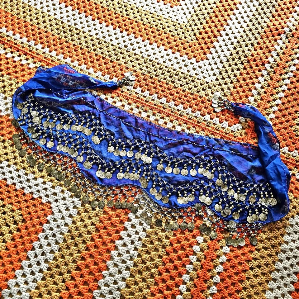 Bellydance Coin Hip Scarf Belt - Royal Blue and Gold