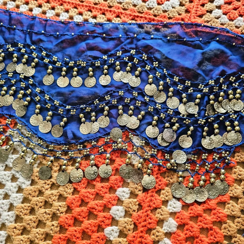 Bellydance Coin Hip Scarf Belt - Royal Blue and Gold - photo 3
